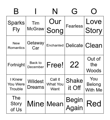 TSwift Tunes Bingo Card