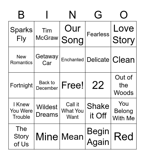 TSwift Tunes Bingo Card