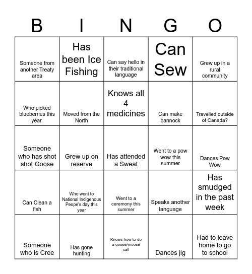 Indigenous Housing Program Ice Breaker Bingo Card