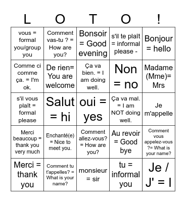 6 Les salutations / classroom phrases 2026 Bingo Card