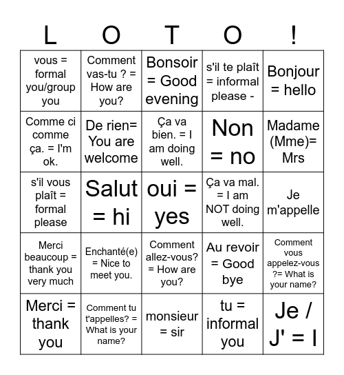 6 Les salutations / classroom phrases 2026 Bingo Card