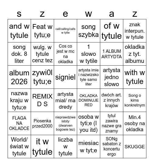 SZEWAZ 6x6 Bingo Card