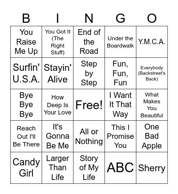 Boy Band Hits Bingo Card