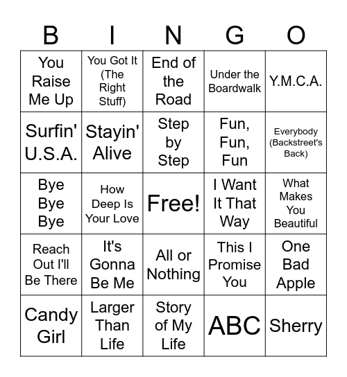 Boy Band Hits Bingo Card