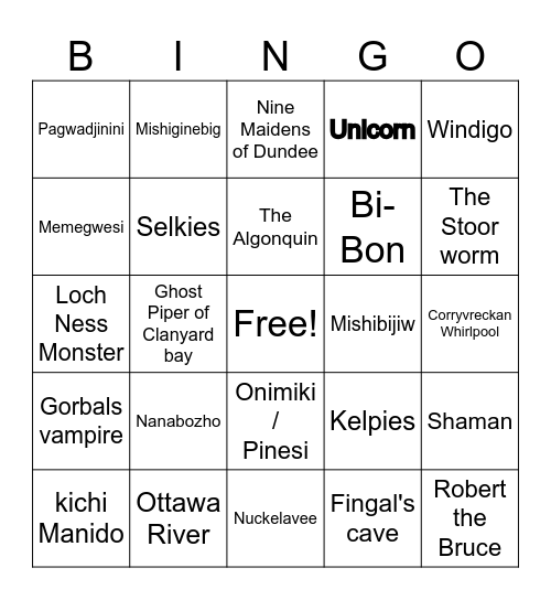 Algonquin Myths Bingo Card
