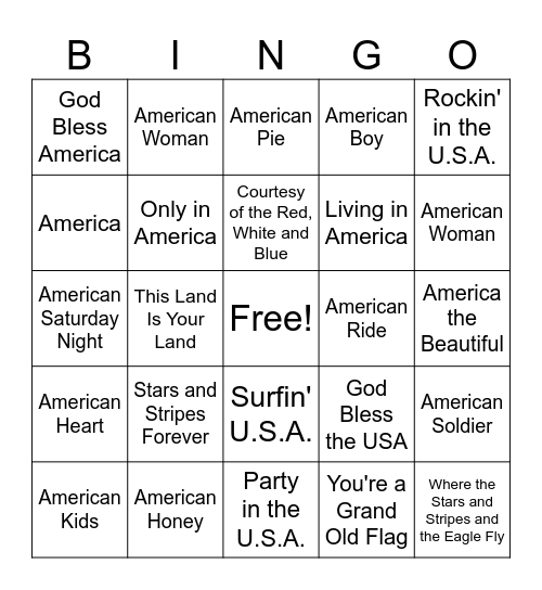 Songs about the USA/America Bingo Card