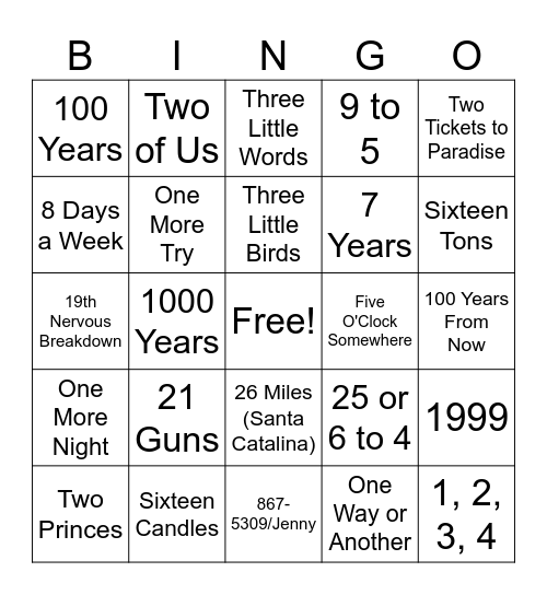 Numbers Bingo Card