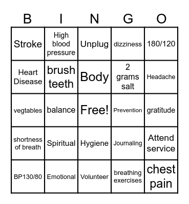 Heart Care Bingo Card