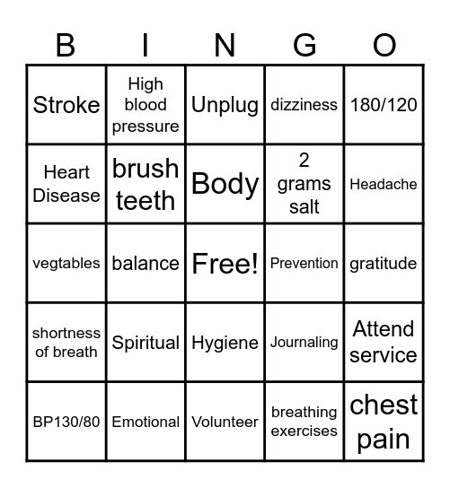 Heart Care Bingo Card
