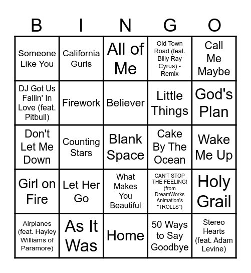 2010's 2020's pop bingo Card