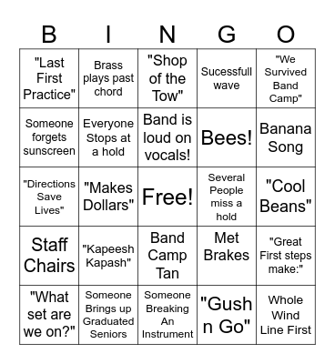 Marching Band Bingo Card