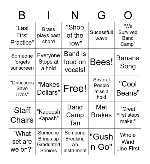Marching Band Bingo Card