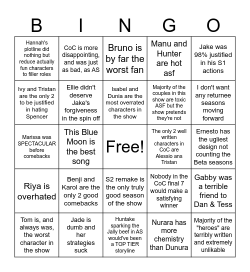This isn't how bingo works but who cares? Bingo Card