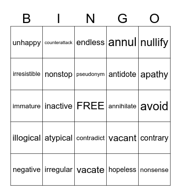 "NOTHING" WORDS Bingo Card