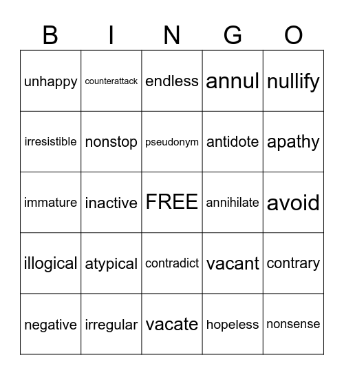 "NOTHING" WORDS Bingo Card