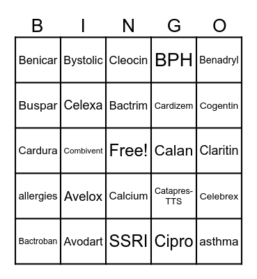 Brand and Generic 21-40 Bingo Card