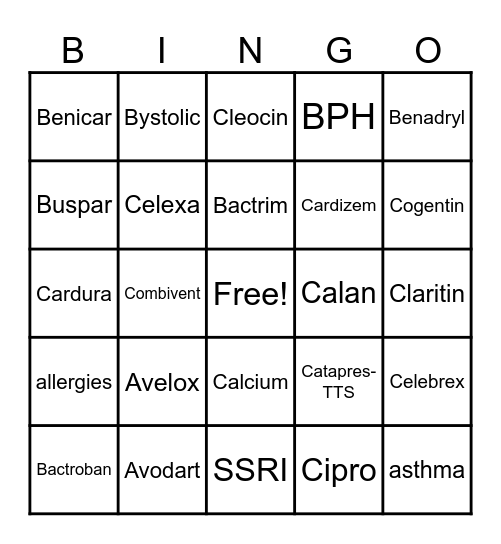 Brand and Generic 21-40 Bingo Card