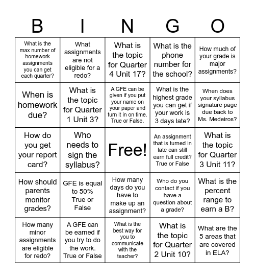 Syllabus Scavenger Hunt Bingo Card