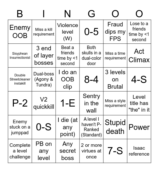 ULTRAKILL Bingo Card