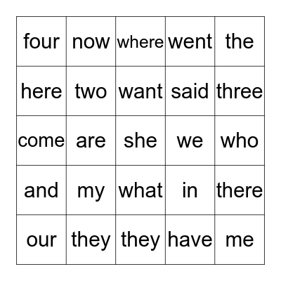 Sight Words Bingo Card