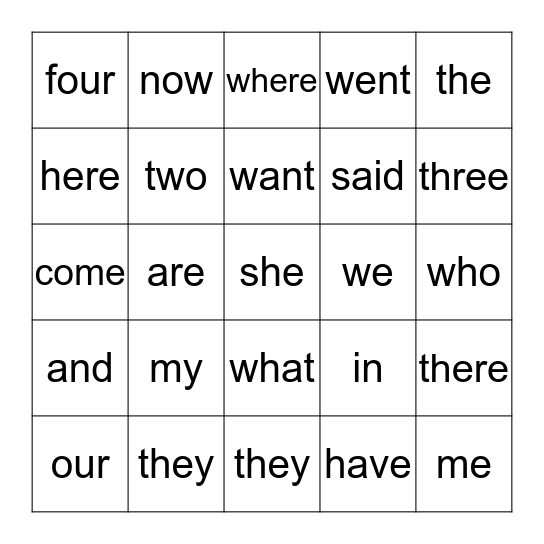 Sight Words Bingo Card
