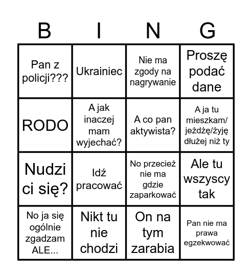 Bingo samochodowe Bingo Card