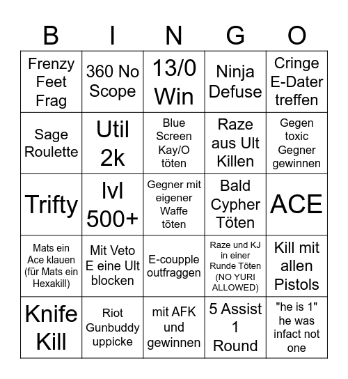 Valorant Vansinn Bingo Card