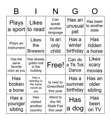 Freshman Year Bingo Card