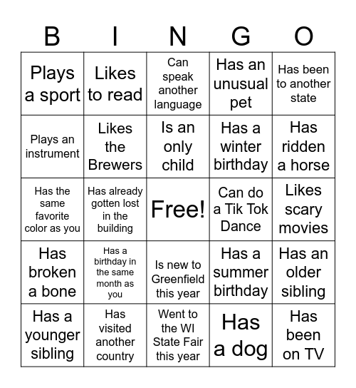Freshman Year Bingo Card