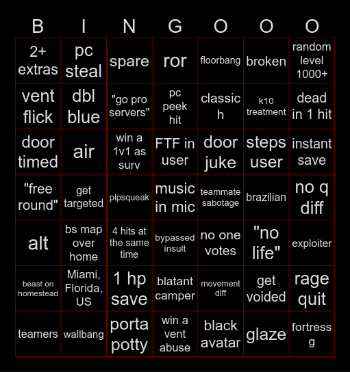 ftf Bingo Card