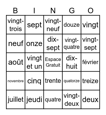 Les Jours de la Semaine et Les Mois de L'Année Bingo Card