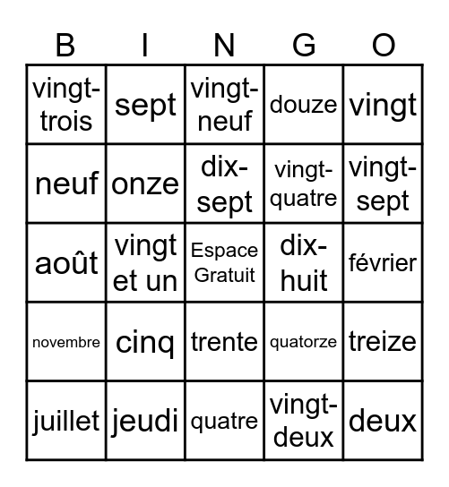 Les Jours de la Semaine et Les Mois de L'Année Bingo Card