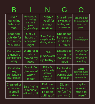 SELF Care Bingo Card