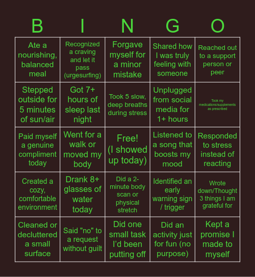 SELF Care Bingo Card