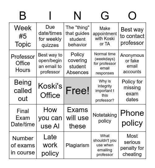 KOSKI's CJ  Bingo Card