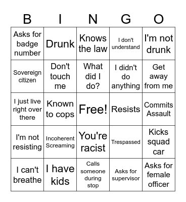 Bodycam Bingo Card