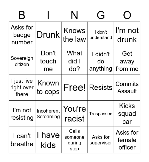Bodycam Bingo Card