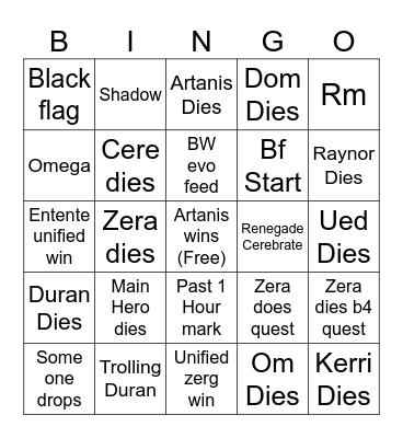 Kerrigan's Demise Bingo Card