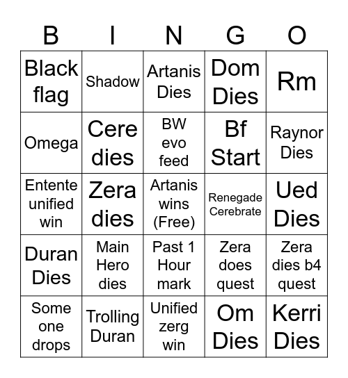 Kerrigan's Demise Bingo Card
