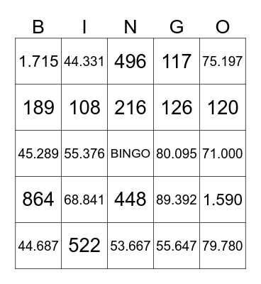 Bingo Matemático Bingo Card