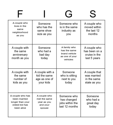 Marriage "FIGS" Bingo Card