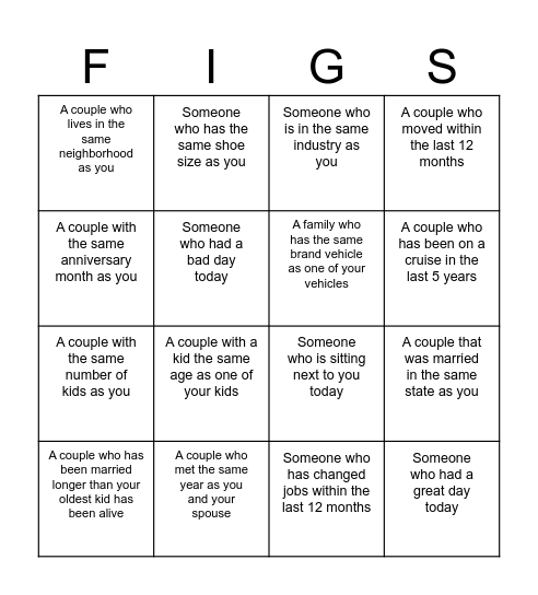 Marriage "FIGS" Bingo Card