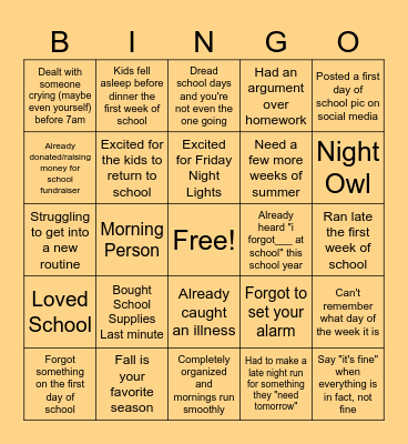Back to School/End of Summer Bingo Card