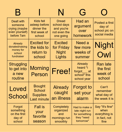Back to School/End of Summer Bingo Card