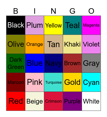 Colors Bingo Card
