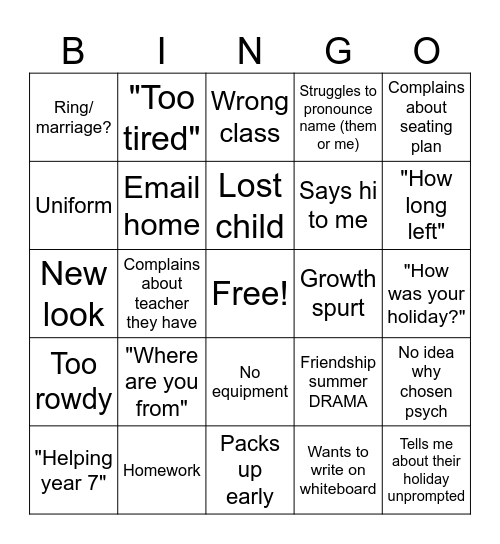 First teaching day back Bingo Card