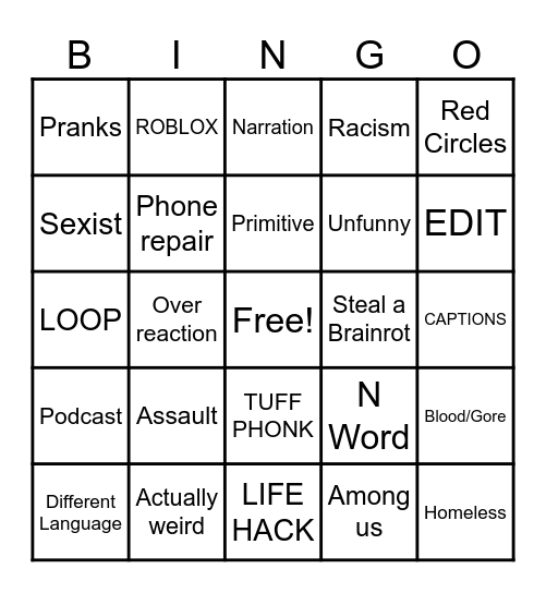 YOUTUBE SHORTS Bingo Card