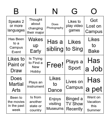Student Bingo Card