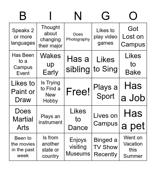 Student Bingo Card