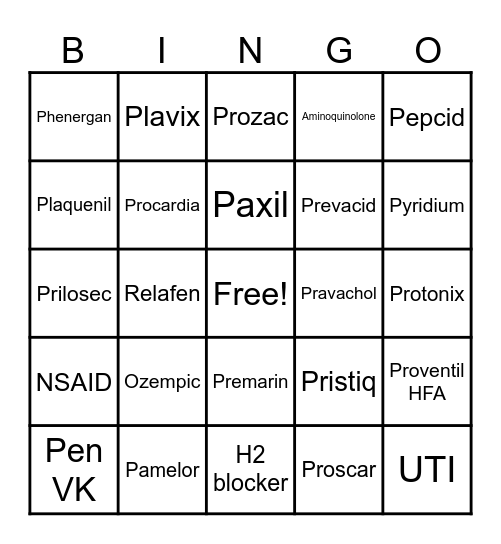 Brand and Generic 121-140 Bingo Card